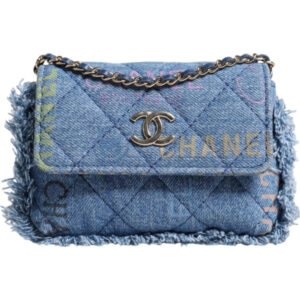CHANEL - Bolso de hombro con flecos impreso con micro logo de Denim Mood Flap