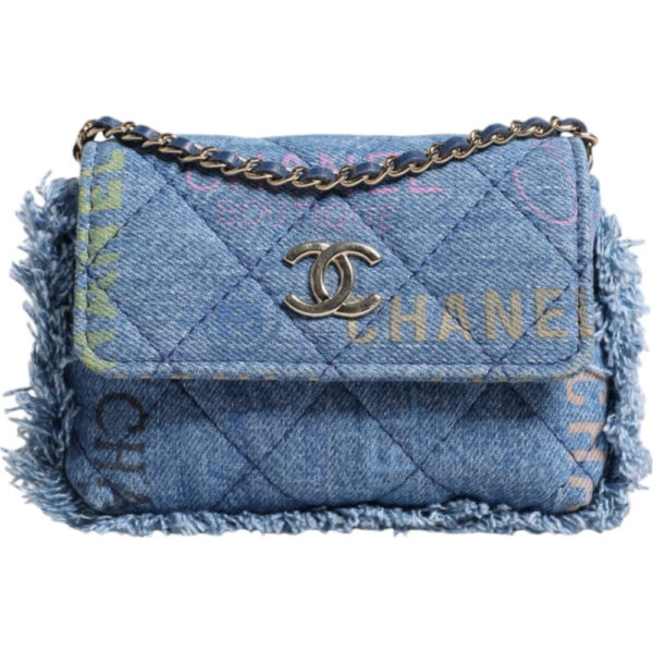 CHANEL - Bolso de hombro con flecos impreso con micro logo de Denim Mood Flap