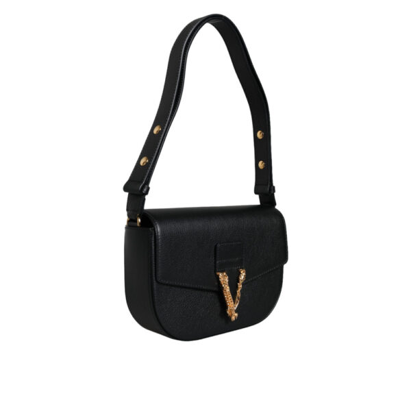 VERSACE - Bolso cruzado de hombro con logo de cuero de ternera negro y rugoso - Image 2