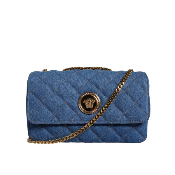 VERSACE - Bolso cruzado de cuero de mezclilla acolchado azul