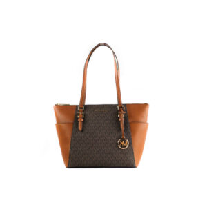 MICHAEL KORS - Mod. Charlotte Signature (Marrón) Bolso de mano grande con cremallera superior de cuero