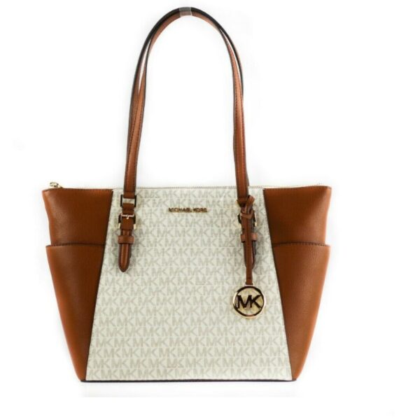 MICHAEL KORS - Mod. Charlotte Signature (vainilla) Bolso de mano con cremallera y tapa grande de cuero