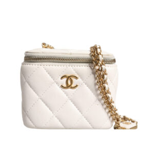 CHANEL - Espejo de tocador con cadena dorada de piel de cordero matelassé blanca