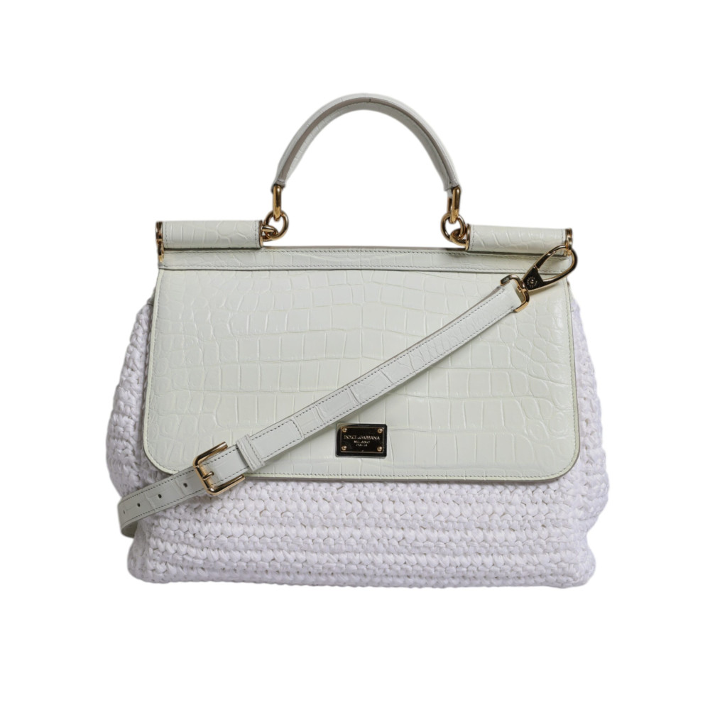 DOLCE & GABBANA - Bolso Bandolera de Asa Superior de Cuero de Rafia Blanco